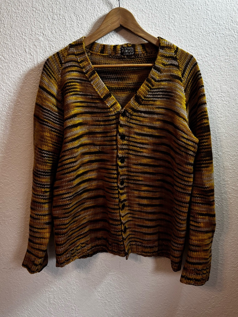 Moon Flower Child Earthy Boho Space Dyed Stripe Knit Cardigan Large
